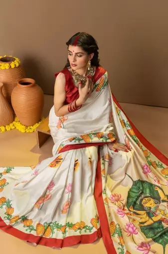 Off white printed silk blend ethnic saree with blouse piece