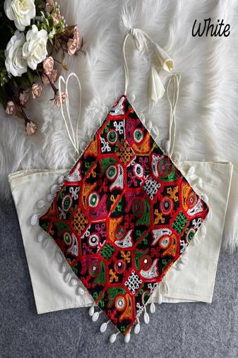 Women's white navratri blouse | kutchi embroidered noodles strap choli | hand mirror work cotton blouse