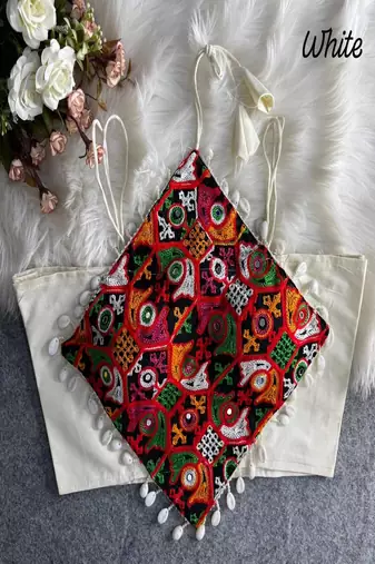 Women's white navratri blouse | kutchi embroidered noodles strap choli | hand mirror work cotton blouse