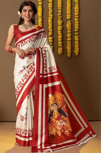 Off white printed silk blend ethnic saree with blouse piece