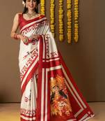 Off white printed silk blend ethnic saree with blouse piece