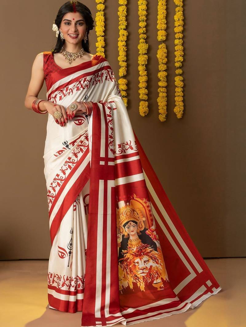 Off white printed silk blend ethnic saree with blouse piece