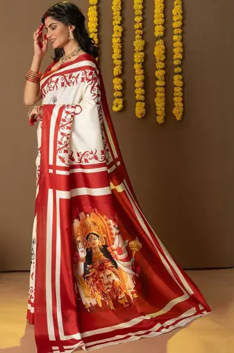 Off white printed silk blend ethnic saree with blouse piece