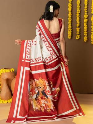 Off white printed silk blend ethnic saree with blouse piece 3