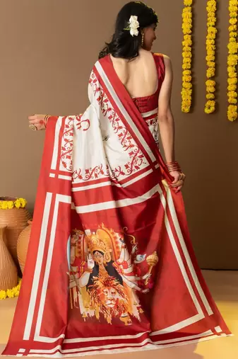 Off white printed silk blend ethnic saree with blouse piece