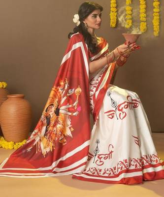 Off white printed silk blend ethnic saree with blouse piece 4