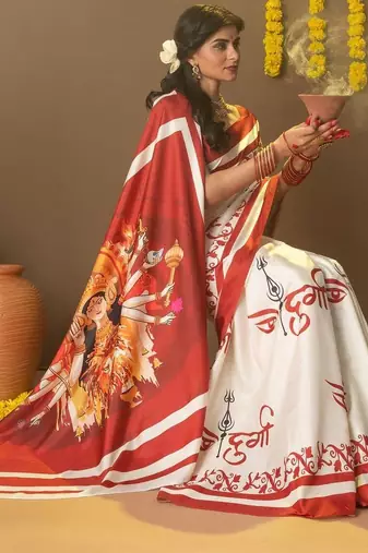 Off white printed silk blend ethnic saree with blouse piece
