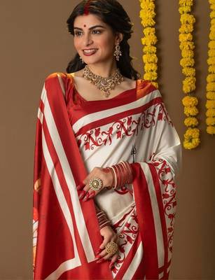 Off white printed silk blend ethnic saree with blouse piece 5