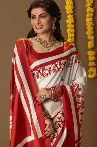 Off white printed silk blend ethnic saree with blouse piece