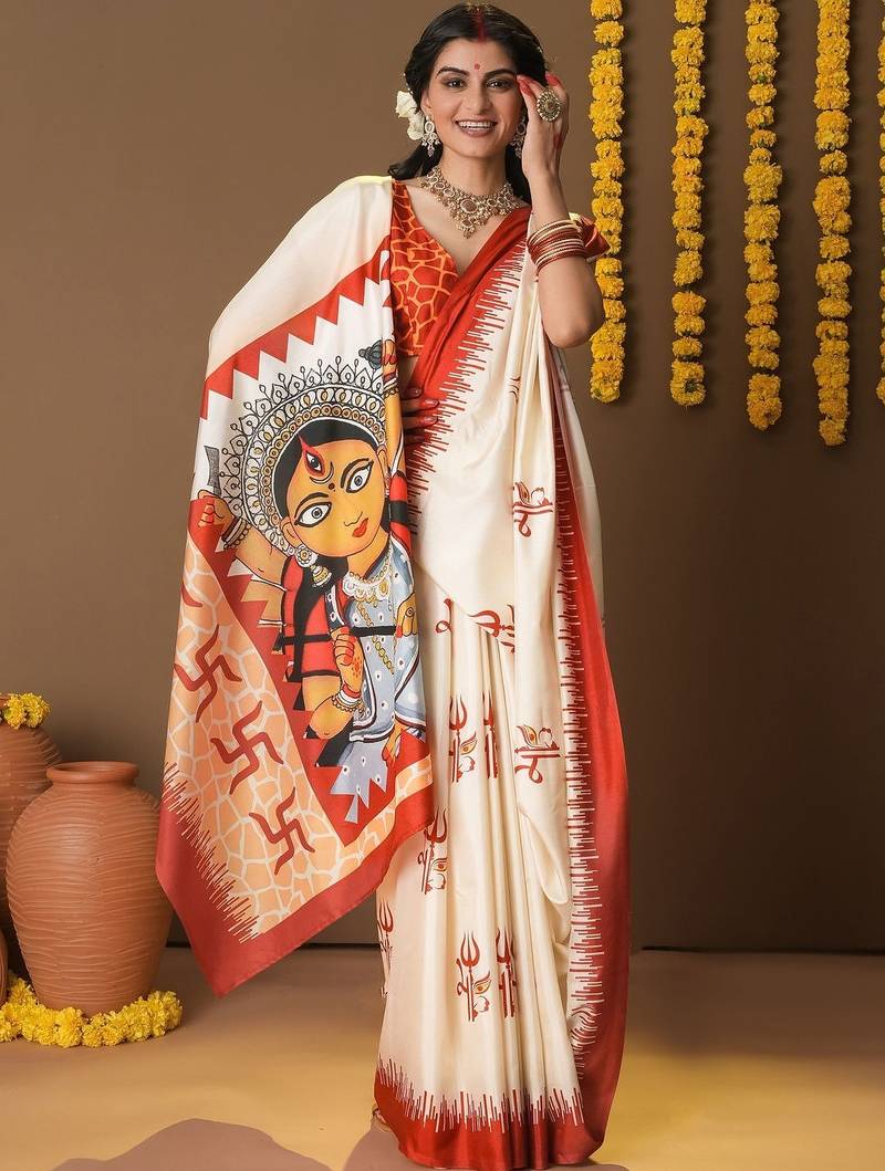 Off white printed silk blend ethnic saree with blouse piece