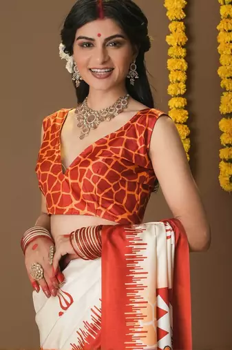 Off white printed silk blend ethnic saree with blouse piece