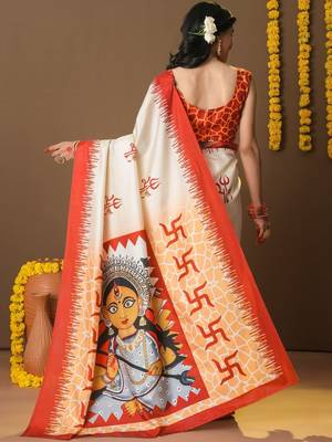 Off white printed silk blend ethnic saree with blouse piece 3