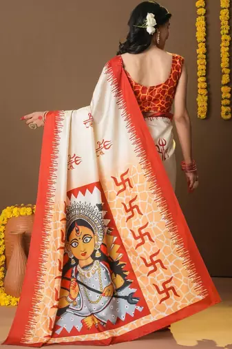 Off white printed silk blend ethnic saree with blouse piece