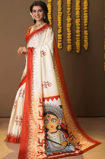 Off white printed silk blend ethnic saree with blouse piece