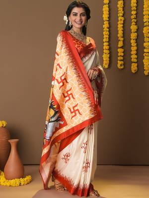 Off white printed silk blend ethnic saree with blouse piece 5