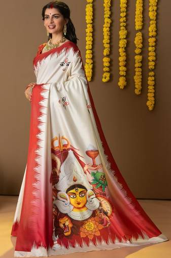 White printed silk blend ethnic saree with blouse piece