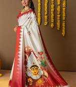 White printed silk blend ethnic saree with blouse piece
