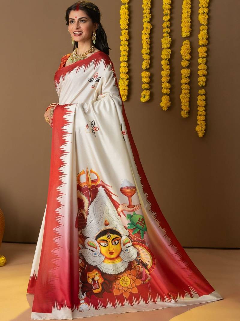 White printed silk blend ethnic saree with blouse piece