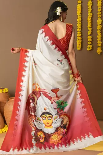 White printed silk blend ethnic saree with blouse piece