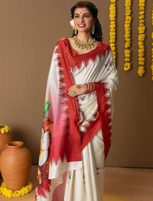 White printed silk blend ethnic saree with blouse piece 3