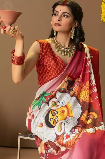 White printed silk blend ethnic saree with blouse piece