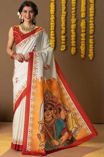 Off white printed silk blend ethnic saree with blouse piece