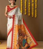Off white printed silk blend ethnic saree with blouse piece