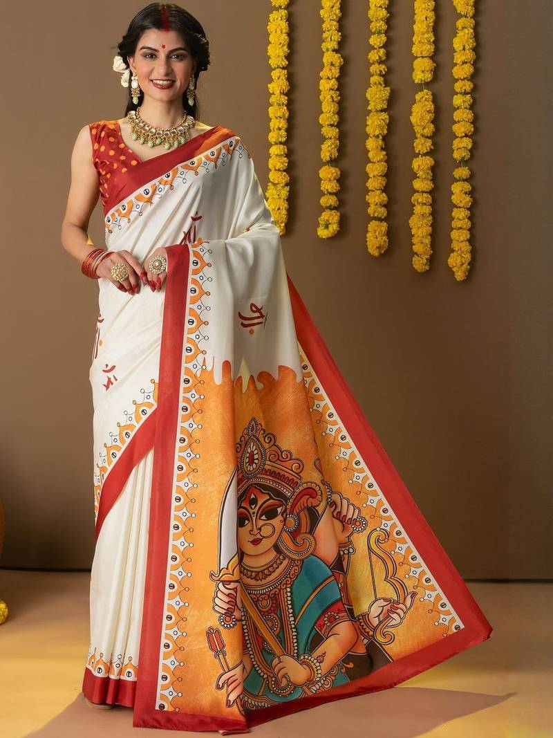 Off white printed silk blend ethnic saree with blouse piece