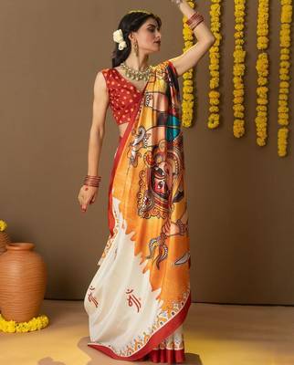 Off white printed silk blend ethnic saree with blouse piece 2