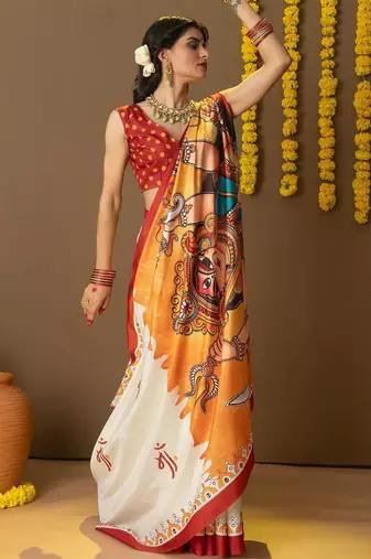 Off white printed silk blend ethnic saree with blouse piece