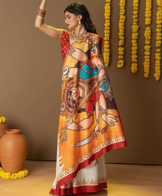 Off white printed silk blend ethnic saree with blouse piece 3
