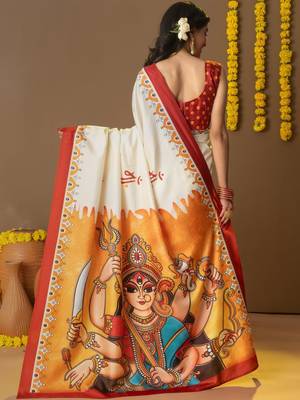Off white printed silk blend ethnic saree with blouse piece 4