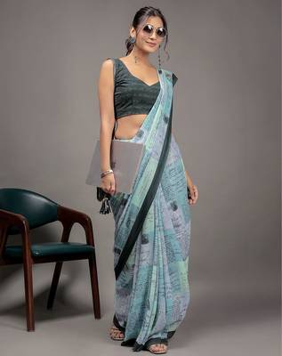 Green elegant printed georgette saree with blouse piece 3