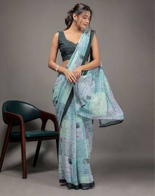 Green elegant printed georgette saree with blouse piece 4