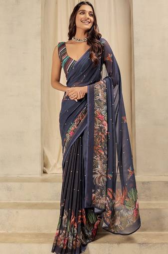 Navy blue elegant printed georgette saree with blouse piece
