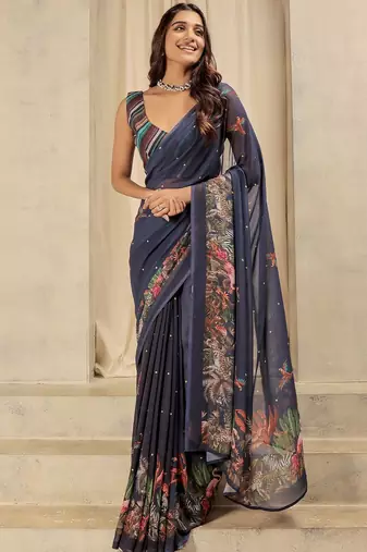 Navy blue elegant printed georgette saree with blouse piece