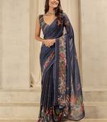 Navy blue elegant printed georgette saree with blouse piece