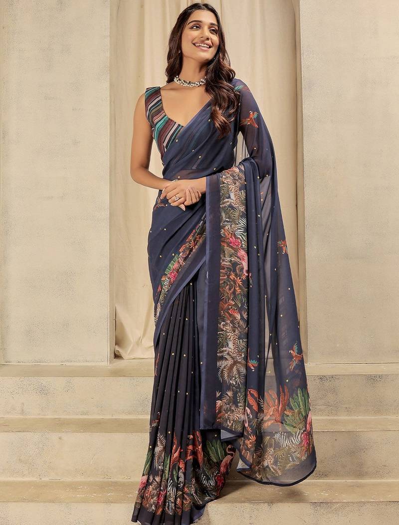 Navy blue elegant printed georgette saree with blouse piece