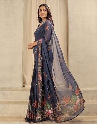 Navy blue elegant printed georgette saree with blouse piece 2