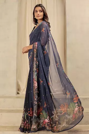 Navy blue elegant printed georgette saree with blouse piece