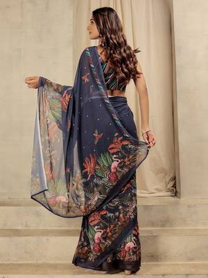 Navy blue elegant printed georgette saree with blouse piece 3