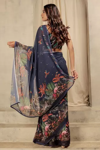 Navy blue elegant printed georgette saree with blouse piece
