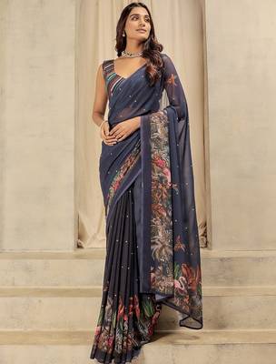 Navy blue elegant printed georgette saree with blouse piece 4
