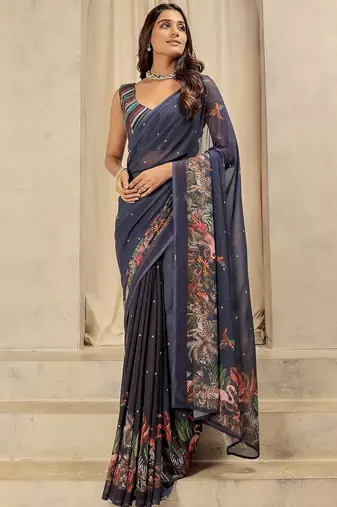 Navy blue elegant printed georgette saree with blouse piece