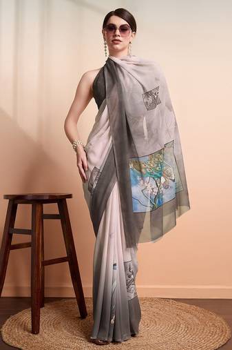 Grey printed pure georgette casual saree with blouse piece