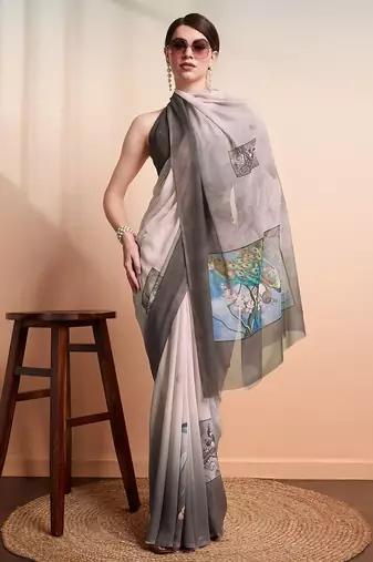 Grey printed pure georgette casual saree with blouse piece