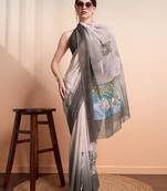 Grey printed pure georgette casual saree with blouse piece