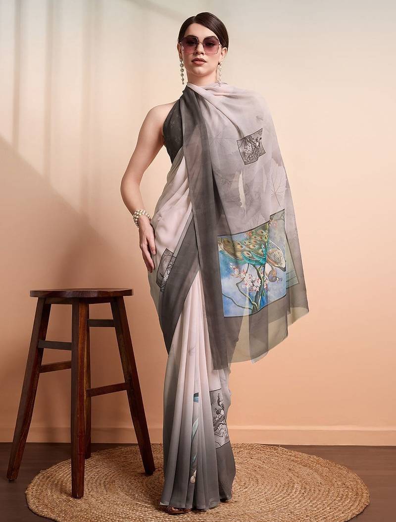 Grey printed pure georgette casual saree with blouse piece