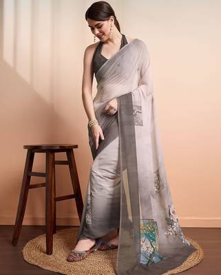 Grey printed pure georgette casual saree with blouse piece 2