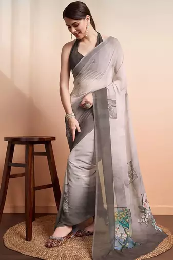 Grey printed pure georgette casual saree with blouse piece